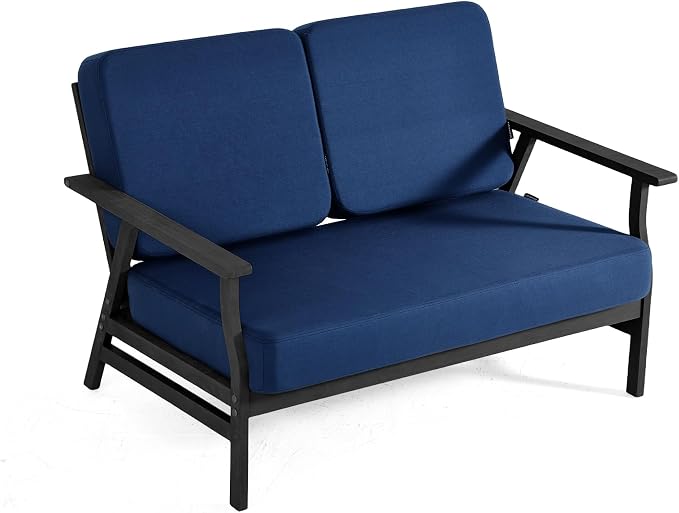 4 Pieces Patio Furniture Sets, Black Wood Outdoor Sectional Furniture with Coffee Table, 4 Seats Patio Sofa Couch Conversation Set for Backyard Deck - Navy