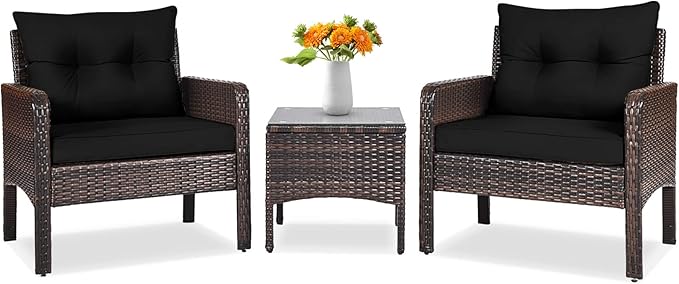 Tangkula 3 Piece Outdoor Patio Furniture Set, Wicker Chairs Set with Glass Top Coffee Table, Thick Cushions, All Weather Garden Lawn Poolside Backyard Porch Furniture Set for 2 (Black)