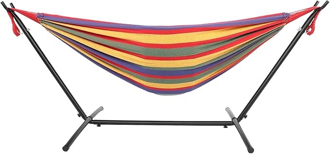 Cotton Hammock with Space Saving Steel Stand,9ft Black Steel Pipe Hammock Frame with 200 * 150cm Polyester Cotton Hammock Iron Hammock Set (Red Stripe A)