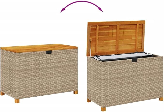 Patio Storage Box Beige 43.3"x21.7"x24.8" Poly Rattan Acacia Wood,Garden Storage Box with Bench Durable PE Rattan and Acacia Wood for Outdoor Patio Patio Storage Boxes