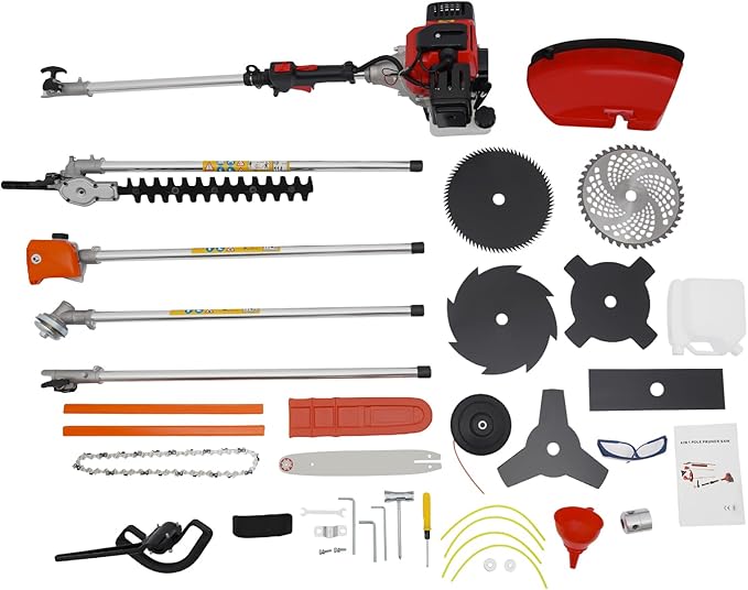 52CC 2-Stroke Brush Cutter, 10 in 1Weed Eater Garden Hedge Trimmer Combo, Multi Functional Trimming Tools Long Reach Pole Saw Grass String Trimmer Brush Tree Cutter Pruner for Shrub Harvesting