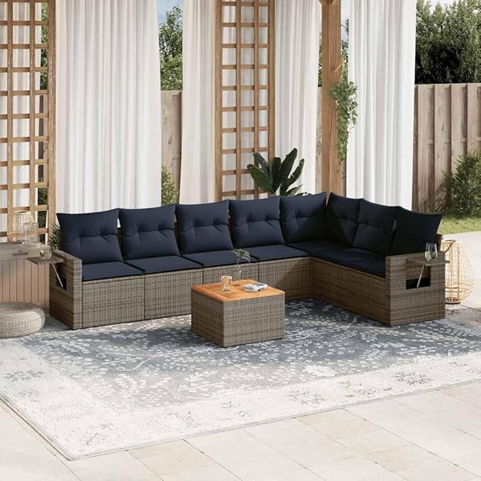 vidaXL Patio Sofa Set with Cushions 8 Piece, Outdoor Conversation Set, Sectional Sofa for Balcony Garden, Patio Furniture, Gray Poly Rattan