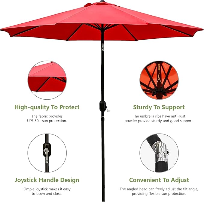 9FT Patio Umbrella Outdoor Table Market Umbrella with Push Button Tilt & Crank, 8 Sturdy Ribs Waterproof UV Protection Fade-Resistant for Garden, Deck, Backyard, Pool