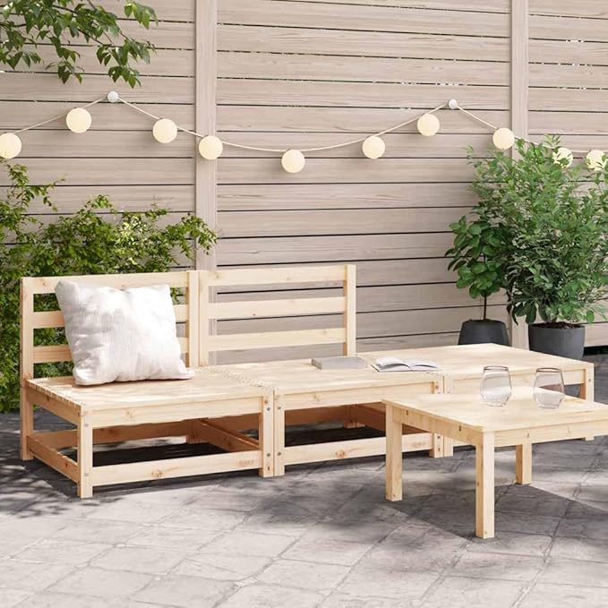 Rustic Outdoor Sofa Set for Patio, Solid Pine Modular Loveseat with Footstool, 27.6 x 82.7 x 26.4 in, Natural Beige, Ideal for Small Balcony or Garden Conversation Area
