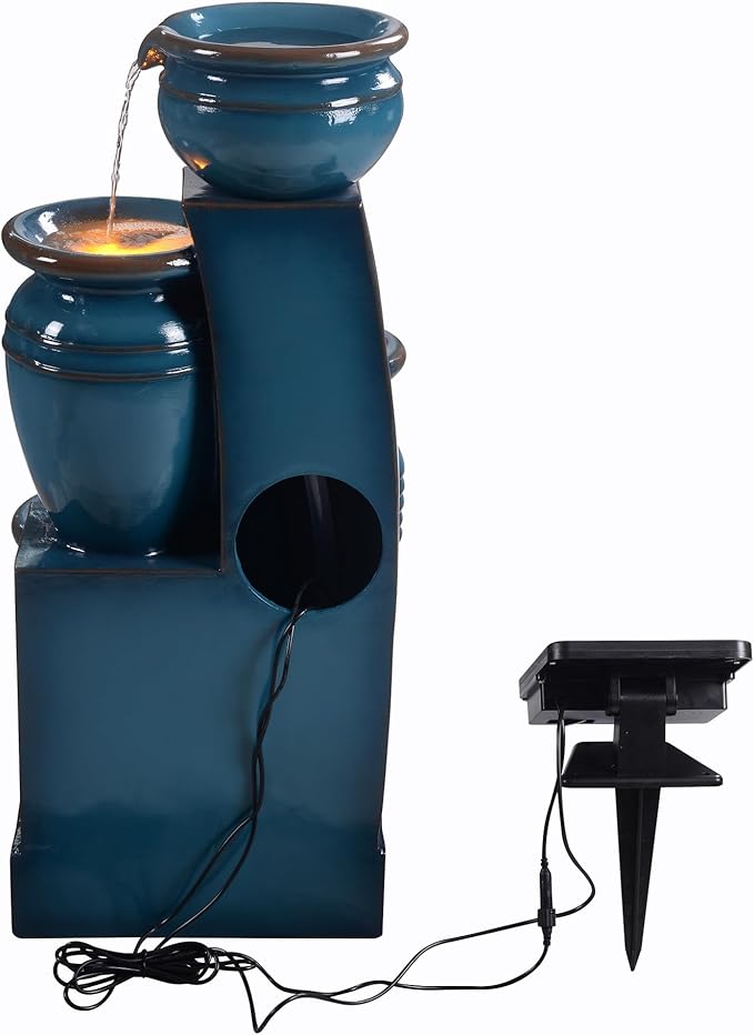 Teamson Home 28.74 in. 4-Tier Cascading Bowl Solar-Powered Water Fountain with LED Lights for Gardens, Landscaping, Patios, Balconies, Lawns, Blue