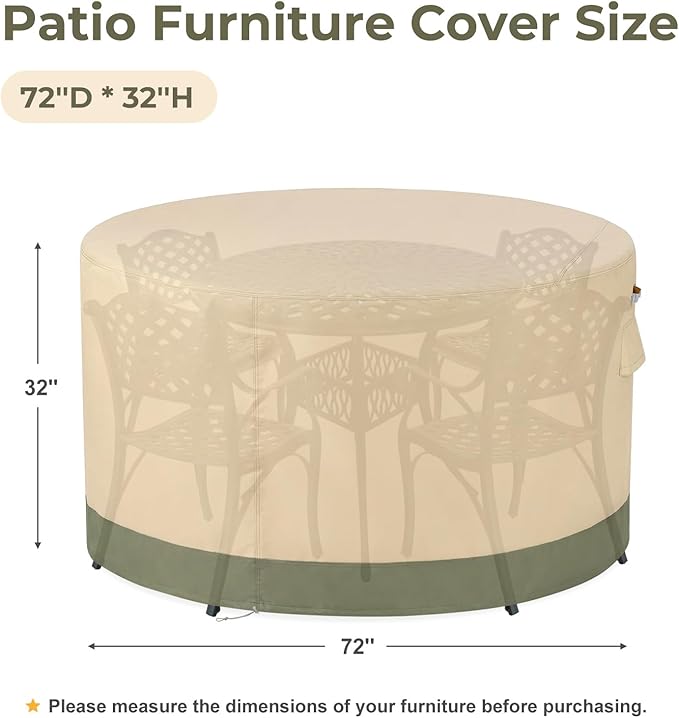 BPS Waterproof Patio Table and Chairs Cover, 600D Anti-UV Outdoor Dining Furniture Set Cover with Air Vent and Storage for Patio Round Sectional Set, 72''Dia x 32''H