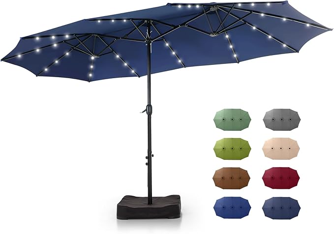 GREEN PARTY 15 ft Large Outdoor Patio Umbrella with Solar Led Lights & Base Included, Double-Sided Rectangular Table Umbrella with Stand, Market Umbrellas for Deck Poolside Garden Backyard, Navy Blue