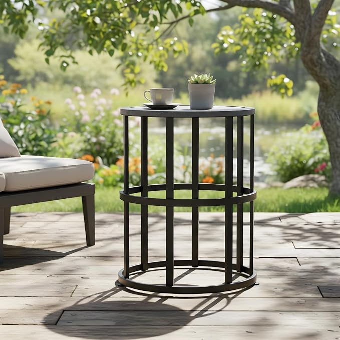 Patio Side Table with Ceramic Tile Top and Powder Coated Iron Frame - Lightweight, Weatherproof Outdoor Accent Furniture, Grey Finish