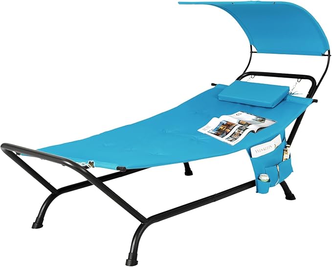 Nightcore Outdoor Canopy Hammock Swing Chair, Cushioned Patio Hanging Chaise Lounge w/Pillow & Storage Bag, Metal Swing Hammock Bed w/Stand for Garden, Lawn, Backyard (Blue)