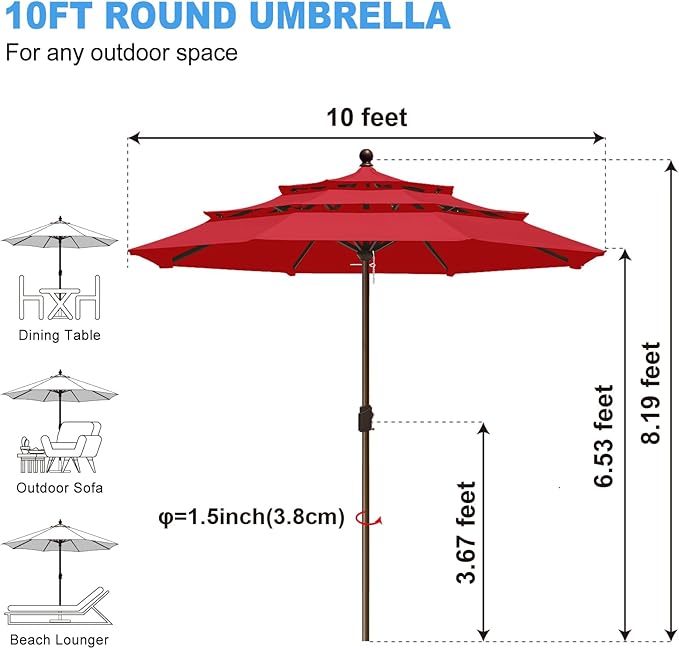 Eurmax USA 10-Year-Non-Fading 10FT 3-Tier Outdoor Patio Market Umbrella,UPF50+ UV Resistant,Heavy Duty Commercial Grade,Crank Lift Design,Windproof Vented Top for Garden,Pool,Deck,Logo Red