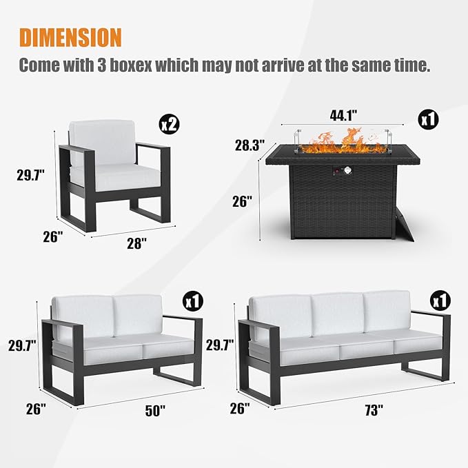5 Piece Modern Aluminum Patio Furniture Set with Fire Pit Table, Outdoor Patio Sectional Conversation Metal Seating Sets with Olefin Cushion