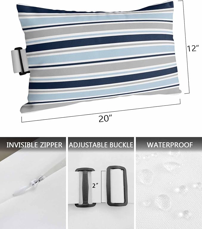 Pack of 2 Outdoor Lumbar Pillow Covers 12x20 Inch, Navy Blue Gray Striped Waterproof Throw Pillow Covers Set, Farmhouse Stripes Modern Abstract Art Outside Decorative Cushion Cases for Patio Porch Car