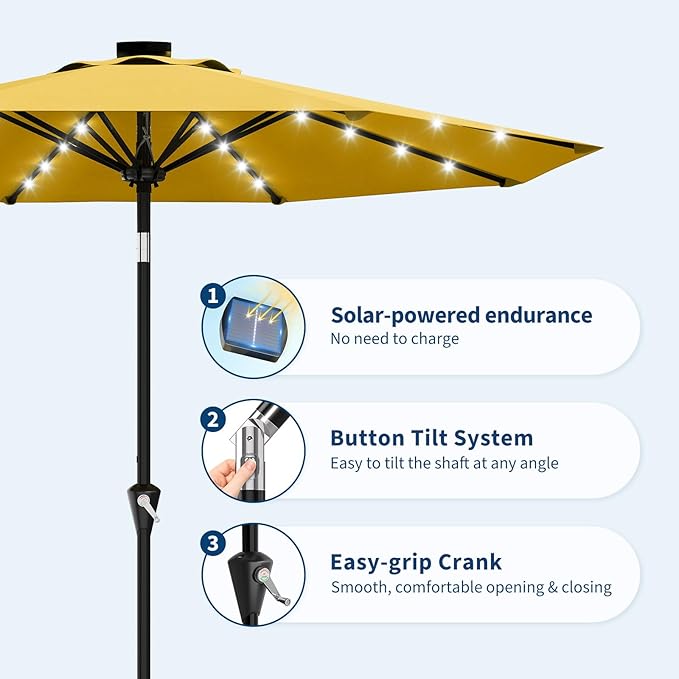 Garvee 9/10 FT Solar Patio Umbrella with 32 LED Lights - Outdoor Table Umbrella with Crank Lift, Push Button Tilt and 8 Sturdy Ribs - Market Umbrella UV Protection for Pool, Deck, Yard, Garden