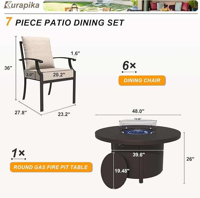 Kurapika 7 Piece Metal Outdoor Patio Furniture Set with 48" Round Fire Pit Table, Patio Conversation Sets 6 Fixed Chairs with Thick Cushion, Sand