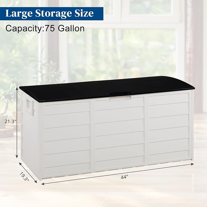 Vasitelan 75 Gallon Outdoor Storage Box, Lockable Plastic Storage Containers with Lid, Patio Deck Box Furniture for Garden, Pool, Balcony, Yard (White&Black)