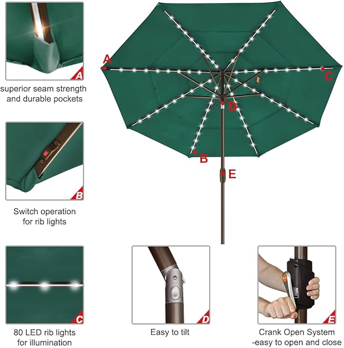 EliteShade USA 10-Year-Non-Fading 9ft 3-Tier Market Patio Umbrella, Commercial Table Umbrella with 80 Solar LED Lights, Crank Open, Windproof & UPF 50+ UV Protection for Garden, Deck, Pool, Backyard, Forest Green