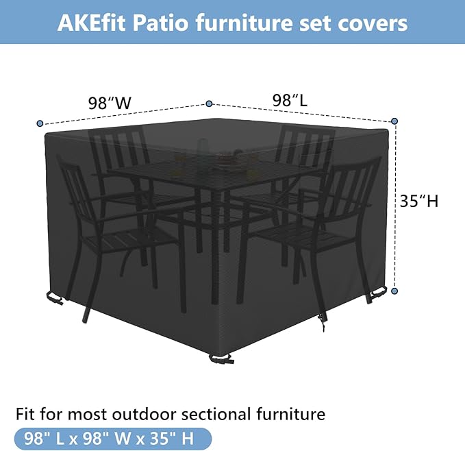AKEfit Patio Furniture Covers,500D Heavy Duty Waterproof for Outdoor Square and Retangle Patio Table and Chair Covers, Black -98"L x 98"W x 35"H