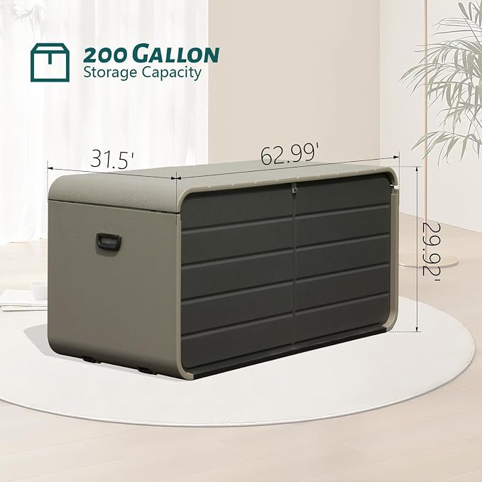 CHUNLY 200 Gallon Resin Deck Box, Large Patio Storage Box with Lock, Wheels & Waterproof Lid for Outdoor Cushions, Garden and Pool Supplies (Gray)