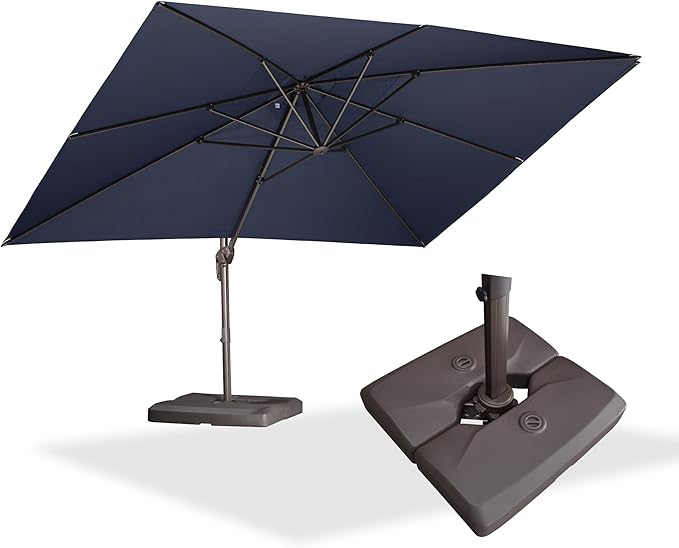 PURPLE LEAF 10' X 13' Patio Cantilever Umbrella with Base Rectangle Umbrella Outdoor with Aluminum Offset Antique Bronze Hanging and 360° Rotation for Pool Garden Deck Patio, Navy Blue