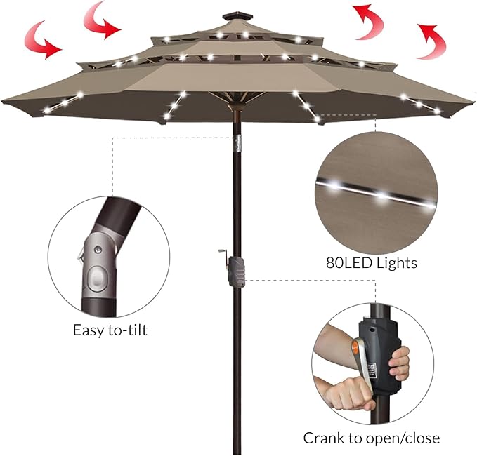 EliteShade USA 10-Year-Non-Fading 9ft 3-Tier Market Patio Umbrella, Commercial Table Umbrella with 80 Solar LED Lights, Crank Open, Windproof & UPF 50+ UV Protection for Garden, Deck, Pool, Backyard, Mushroom