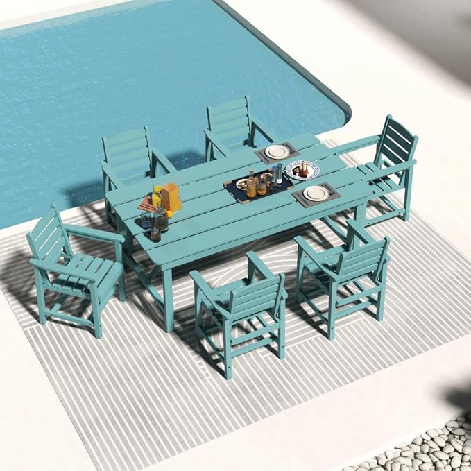Outdoor HDPE Dining Set 7 Pieces, Patio Table with Umbrella Hole and 6 Chairs, All Weather Patio Furniture for Lawn, Garden, Backyard, Deck, Poolside, Outdoor Dining Table and Chairs, Aruba Blue