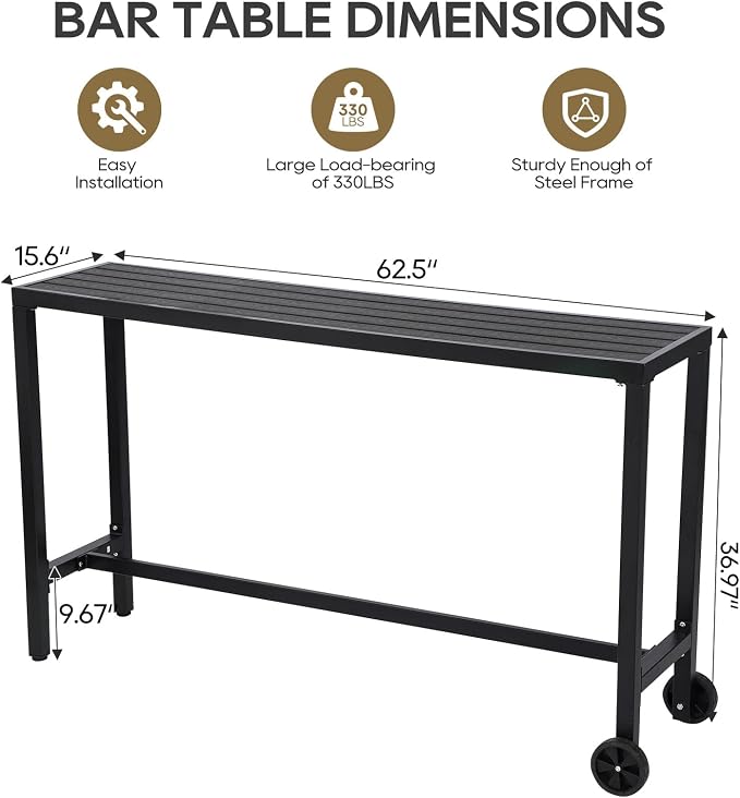 Outdoor Bar Table, 63" Black Patio Counter Height Bar Table, Outdoor Console Table with Weather Resistant Waterproof Top for Hot Tub, Balcony, Garden, Yard, Poolside,Black