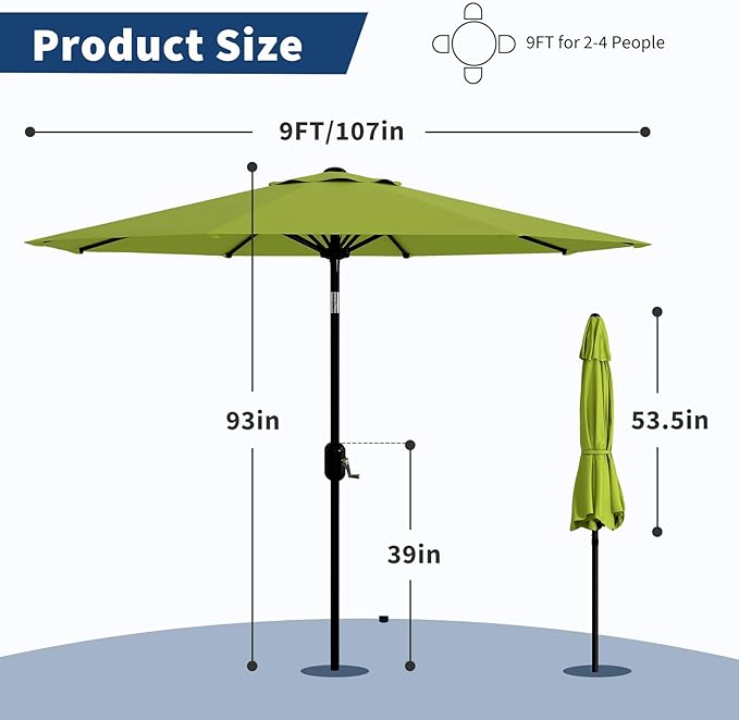 Garvee 9 ft Outdoor Patio Umbrella 8 Sturdy Ribs Outdoor Table Umbrella with Crank Lift & Push Button Tilt - UV Protection Waterproof Market Umbrellas for Pool, Deck, Yard, Garden, Grass Green