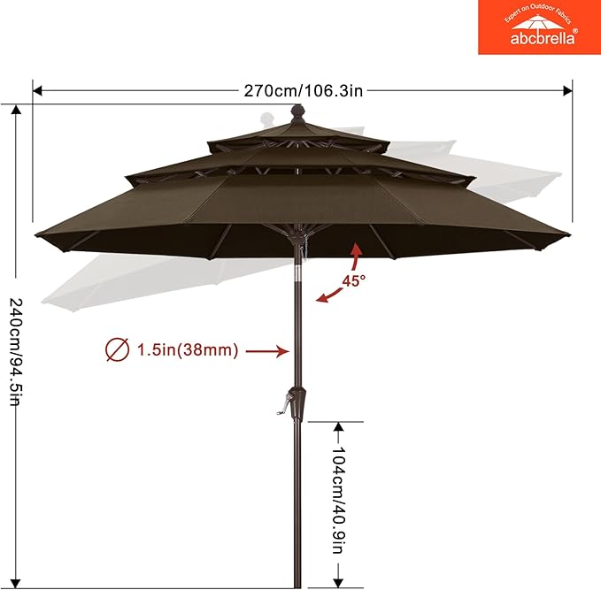 ABCCANOPY 5-Year 10-Year No Fading 9FT 3 Tiers Patio Umbrella, Outdoor Table Umbrella with 8 Sturdy Ribs for Deck, Backyard, Garden, Yard