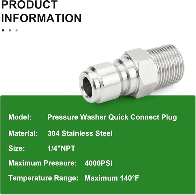 TAISHER 4PCS 304 Stainless Steel 1/4" Male NPT High Pressure Washer Quick Connect Plug for Pressure Washing Gun Hose Accessories