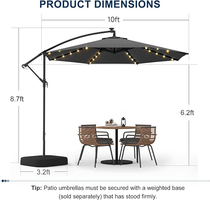 10FT 40-LED Solar Lighted Patio Umbrella with Base Included, Outdoor Offset Cantilever Umbrella, Infinite Tilt, UV Protection for Backyard, Lawn, Garden & Pool