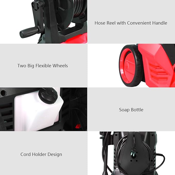 Goplus 3000PSI Electric Pressure Washer, Portable High Power Washer w/ 5 Nozzles, Hose Reel, Soap Bottle, 2 GPM 2000W (Red)