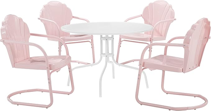Crosley Furniture Tulip 5-Piece Outdoor Dining Set for 4, Retro Metal Round Patio Table and Chairs for Deck, Pastel Pink Gloss