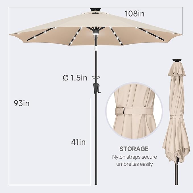 FLAME&SHADE 9 FT outdoor umbrella with 40LED lights, solar light patio umbrella with Centre Surround Light, Table Market Umbrella Outdoor Patiofor Deck, Pool, Backyard, Garden (Beige)