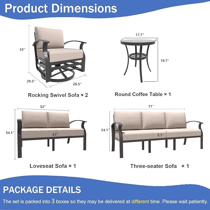 Kullavik Aluminum Patio Furniture Set,5 Pieces 7 Seat Metal Outdoor Furniture Conversation Set w/5.1" Cushions,Swivel Rocking Chairs Set,Sand