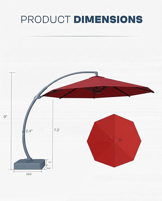 11 FT Cantilever Umbrella with Base Included, Large Round 360° Rotation Offset Umbrella Outdoor Patio, Heavy Duty Aluminum Frame, Sand-Weighted Stand, for Deck, Backyard, Pool, Garden (Red)
