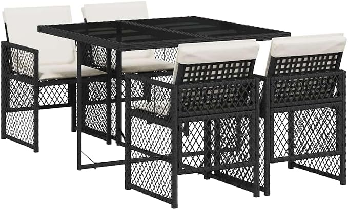 5-Piece Garden Dining Set, Patio Table and Chairs with Rectangular Tempered Glass Top and 4 Folding PE Rattan Dining Chairs with Cushions, Black and Cream White