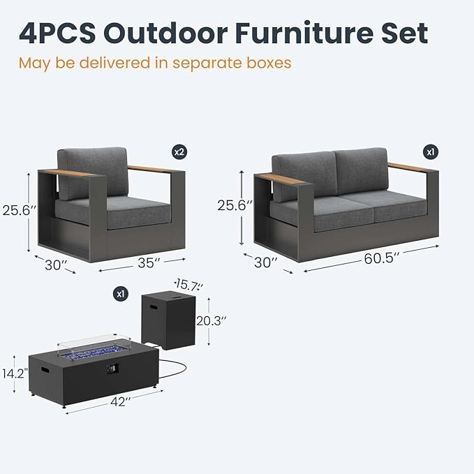 Aluminum Patio Furniture Set, 4 Seats Luxury Seating Furniture with 42" Fire Pit Table, All Weather Outdoor Conversation Sets with 6" Thickened Cushions