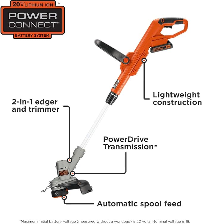 BLACK+DECKER 20V MAX String Trimmer with Trimmer Line Replacement Spool, Autofeed 30 ft, 0.065-Inch, 2-Pack (LST300 & AF100-2)