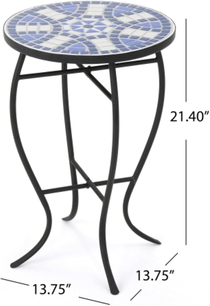 Mosaic Side Table and Plant Stand, 21" Round End Table with 14" Ceramic Tile Top, Indoor & Outdoor Accent Table, Porch Patio Furniture, Entryway & Coffee Table for Home & Garden, (Grey-2)