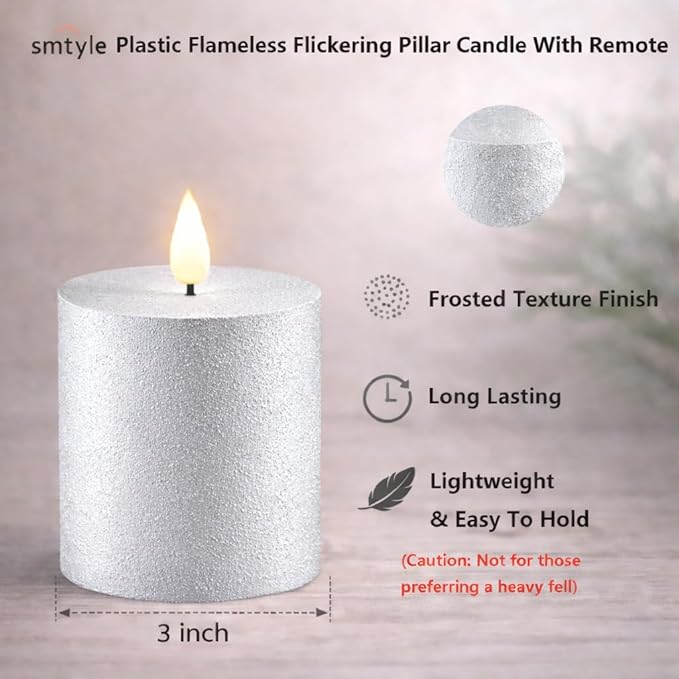 smtyle Silver Flameless LED Candles with Remote, 3"x3" Plastic Pillar Candles, Realistic Flickering Battery Operated Set of 3, Timer Function for Home, Wedding, Party, Holiday Decor
