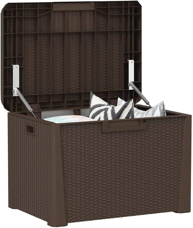 Brown Polypropylene Outdoor Garden Storage Box with 125 Liter Capacity, Weather Resistant and UV Protected for Patio Terrace Balcony, Modern Textured Design for Cushions