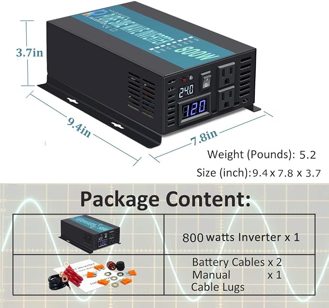 WZRELB Backup Power Off Grid Pure Sine Wave Inverter 800W 24Vdc to 120Vac 60Hz USA Outlets Power Converter, (RBP80024B1)