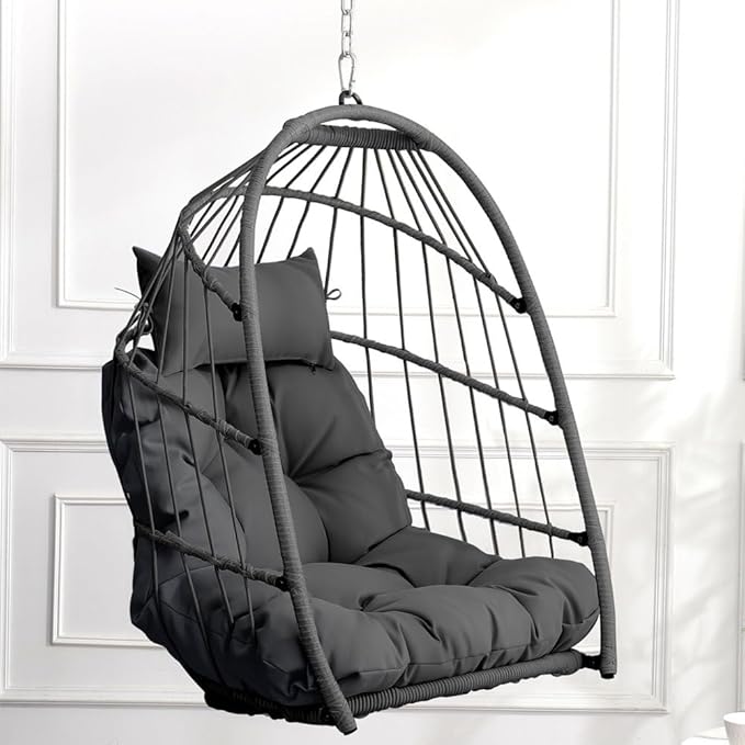 Hanging Egg Chair Without Stand – Foldable Rattan Wicker Swing Chair with Cushion & Headrest, 350lbs Capacity, Ceiling/Tree Mount Kit Included for Indoor Outdoor Use,Gray