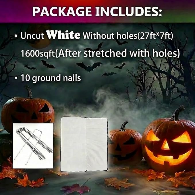 1600 Sqft （After Streched with Holes） Uncut Giant Spider Web Halloween Decorations Outdoor with 10 Ground Nails Stretchy Beef Cloth Netting Cut-Your-Own Flexible Elastic for Yard Party Decor
