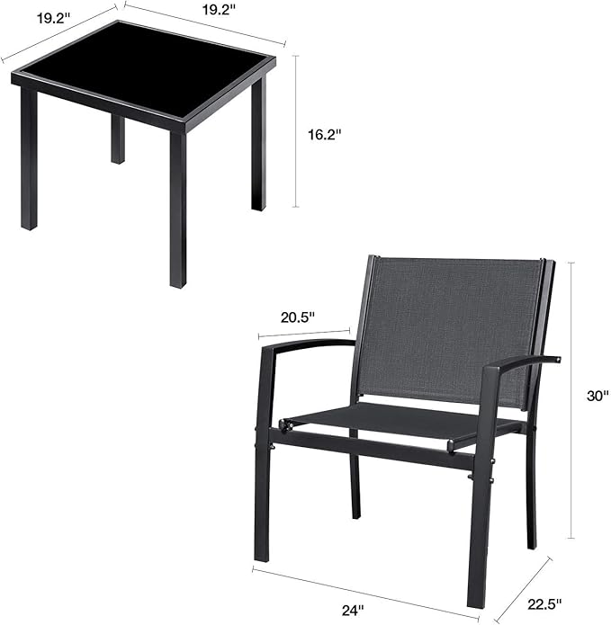 Tuoze 3 Pieces Patio Furniture Set Outdoor Garden Conversation Sets Modern Porch Furniture Lawn Chairs with Glass Coffee Table for Poolside Backyard Balcony,Black