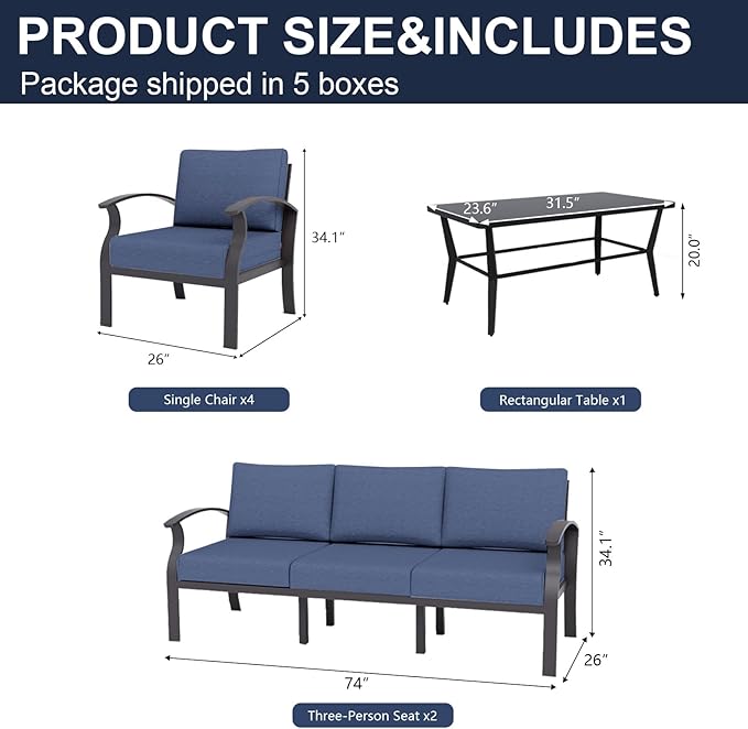 Kurapika Aluminum Patio Furniture Set 10-Seat Modern Metal Outdoor Conversation Sets w/5.1 Inch Cushion Patio Sectional Sofa with Rectangular Coffee Table, Navy Blue