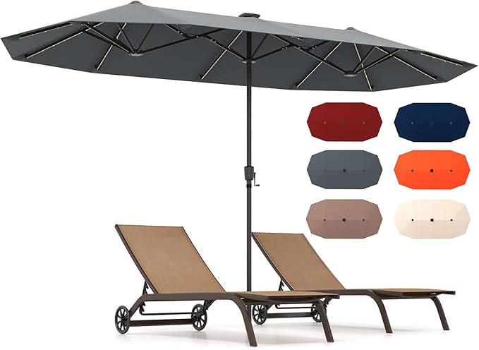 HAPPYGRILL 13 FT Double-sided Patio Umbrella with Solar Lights, Crank Handle & 12 Heavy-Duty Ribs, Outdoor Twin Size Oversized Rectangle Market Umbrella for Garden Deck Poolside