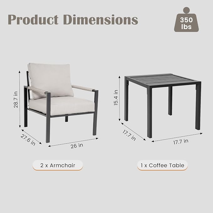 3 Pieces Rattan Outdoor Furniture Set, All-Weather Patio Conversation Set with Warm Grey Cushions and Coffee Table for Garden, Backyard, Balcony, Poolside