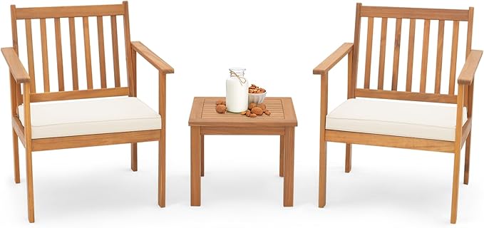 Tangkula 3 Pieces Patio Wood Furniture Set, Acacia Wood Chairs and Coffee Table Set with Soft Cushions, Slatted Design, Outdoor Furniture Set for Porch, Yard, Balcony (White)