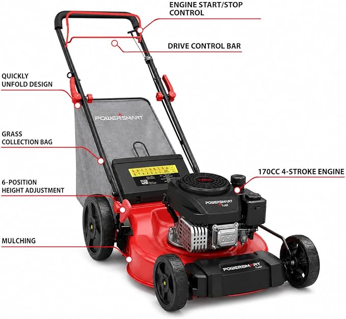 PowerSmart 21-Inch 3-in-1 Gas Self-Propelled Lawn Mower,170CC OHV Engine,Bagging/Mulching/Rear Discharging, 6 Cutting Heights, Durable Steel Deck, Rear-Wheel Drive, for Garden, Yard,